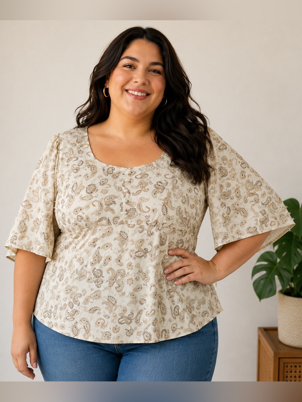 Plus Size Cream Paisley Lace Up Short Sleeve Blouse